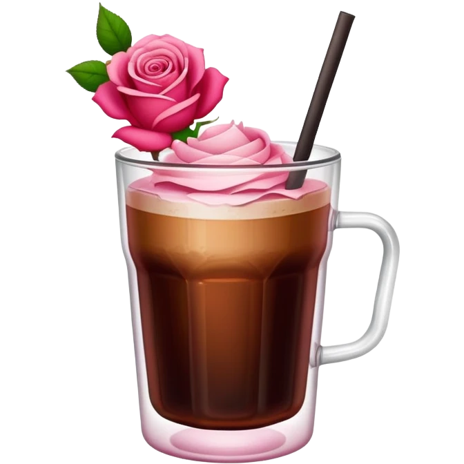 Cold brew coffee with roses pink red and small size glas cup emoji