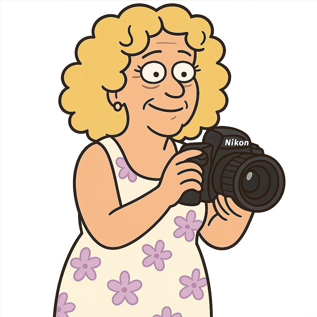 mujer rubia de rulos de 50 años con cámara Nikon y vestido blanco con flores lilas, estilo flat-toon emoji