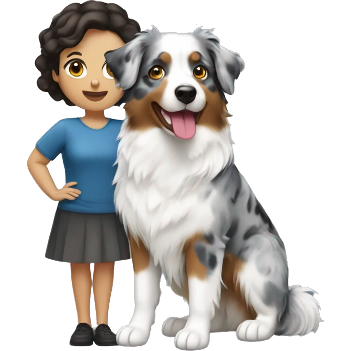 Brunette woman with short hair holding blue Merle Australian shepherd emoji