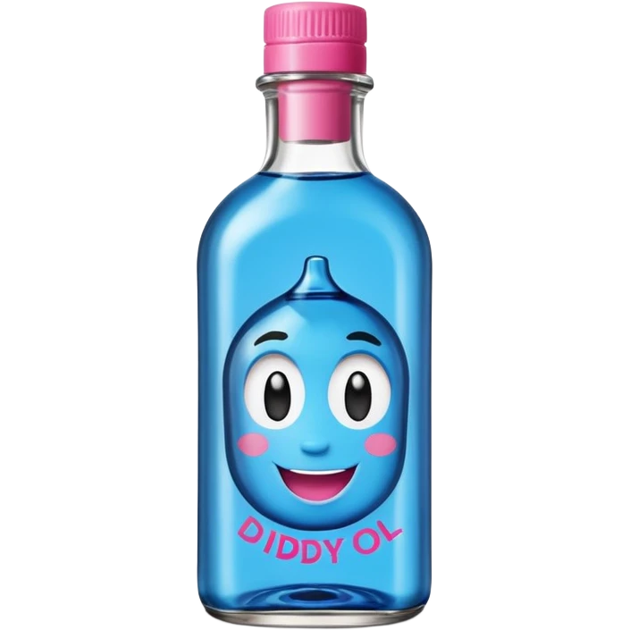 Smiling bottle of oil blue top pink outside with logo that says Diddy oil emoji