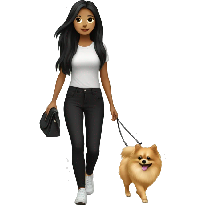pale girl with long black hair wearing black pants walking with pomeranian emoji