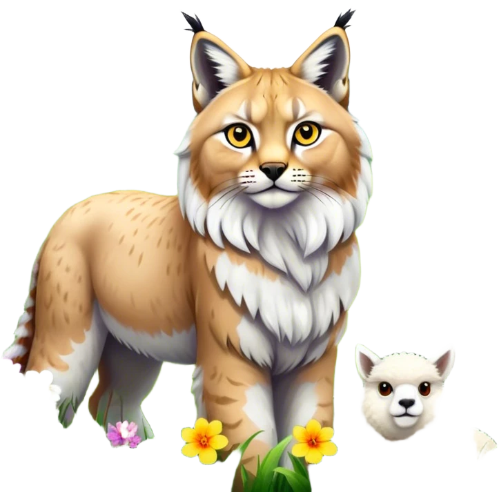 Collage of exotic animals: a lynx with striking eyes, and a fluffy alpaca standing in a lush meadow. The lynx gazes intently while the alpaca looks calm and curious. Surrounded by vibrant plants and flowers. Transparent background for a lively, colorful scene. emoji