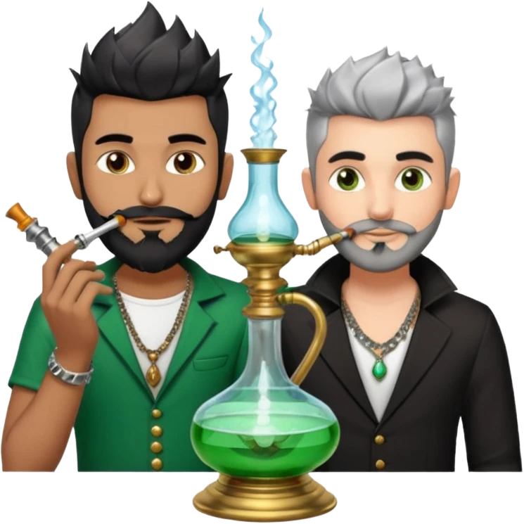 Brass hookah with green design on a glass water base on the top; with two smoke pipes where people are holding them and smoking - one white guy with spikes (silver and black hair) and another Tamil handsome with little beard Indian guy emoji