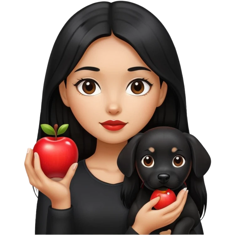 A girl with long black hair wearing black clothes holding a black dog in one hand and an apple in the other hand emoji