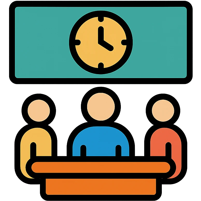 meeting room with a clock and people, emphasizing importance emoji