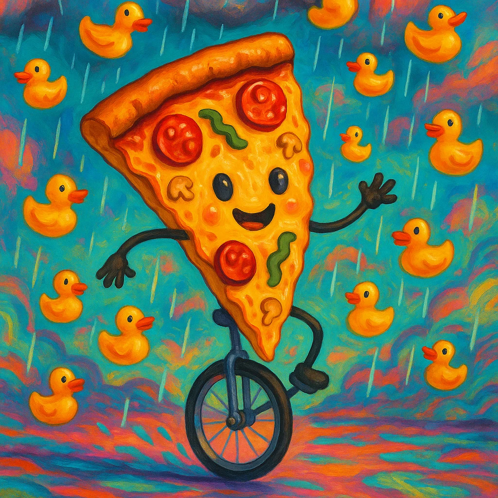 absurd surreal style slice of pizza riding a unicycle through a rainstorm of rubber ducks emoji