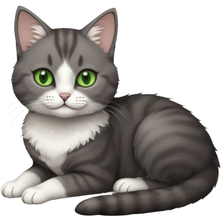 full body tiny short hair dark grey and white cat with white front legs and green eyes lying down emoji