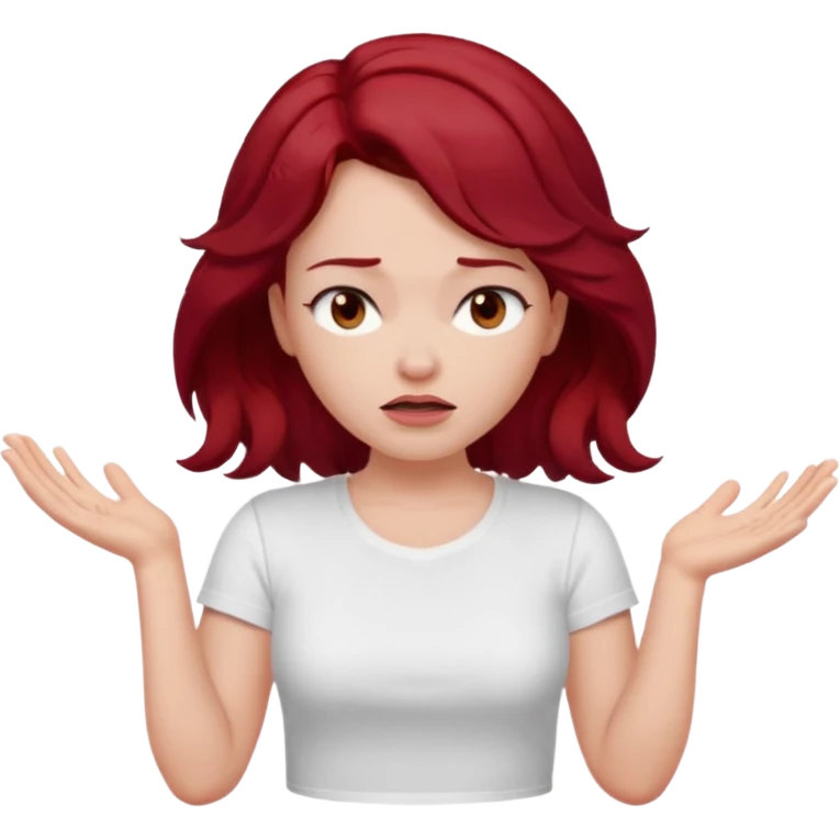 woman shrugging, eyes closed, white t-shirt, dark red hair emoji