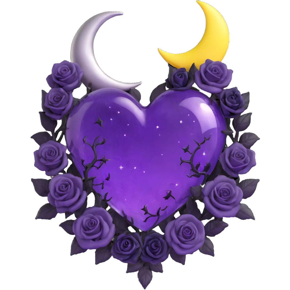 gothic heart made of purple glass with a silver crescent moon on the left, black roses at the base, subtle stardust, faint lightning, light rain, fine cracked glass texture emoji