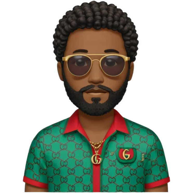 Black man with black sunglasses and curly short
 hair with a full beard and sideburns in a Gucci shirt emoji