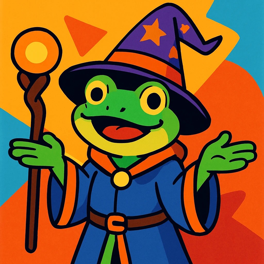 frog wizard shrugging, cartoon style, playful, colorful emoji