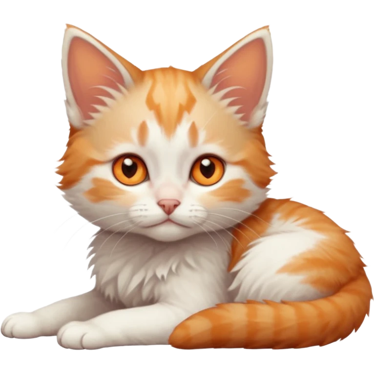 full body of very small + skinny ginger and white kitten with deep orange eyes and triangular shaped face lying down emoji