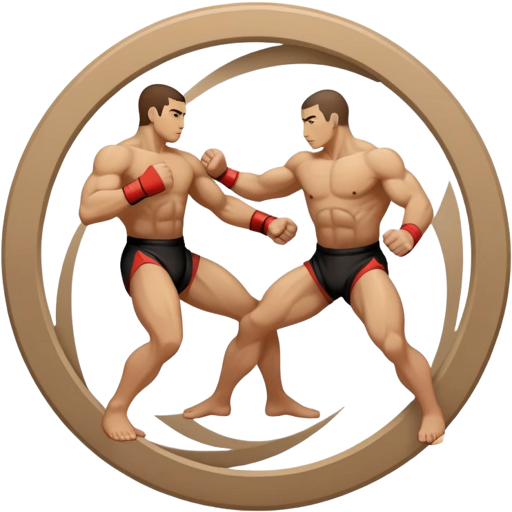 An icon symbolizing wrestling martial arts, featuring two stylized figures locked in a dynamic grappling pose. The background shows abstract elements representing strength and technique, with a circular design to represent unity and focus. Transparent background emoji