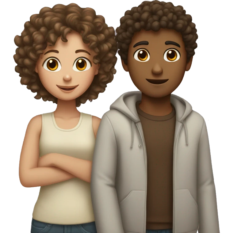 brown boy with curly hair with white girl with brown hair hearts emoji