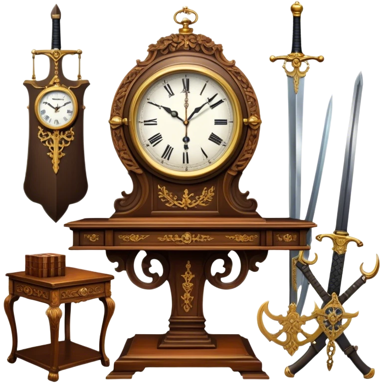 Icon for Antiques Collecting: a vintage clock, intricately carved furniture, famous paintings, antique swords, and rifles. The items are displayed on a wooden table or shelf. The icon should evoke the rich history and craftsmanship of antique collecting. Transparent background. emoji