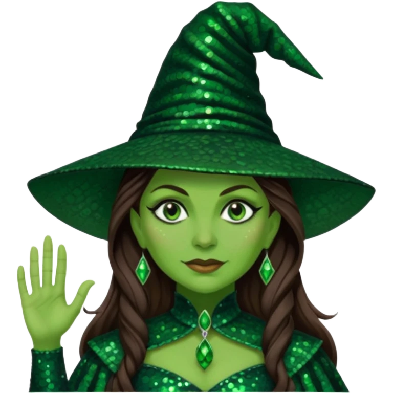 Elphaba, Wicked Witch of the West from The Wizard of Oz with long brown hair, dark green sequin outfit, green skin emoji