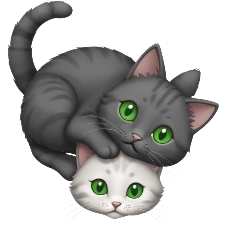 solid dark grey cat with green eyes, completely solid grey face, white toes/paws playing rolling upside down emoji