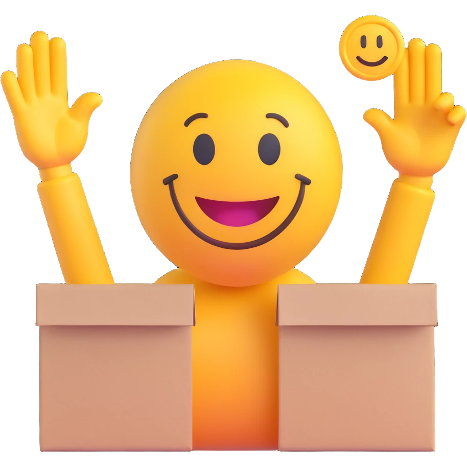 3D smiley emoji, round shape, courier: only two hands, one holding a package, the other waving, funny face, transparent background emoji