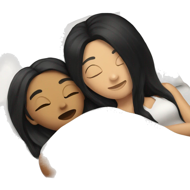 Lesbians with long black hair and white skin laying in bed together emoji