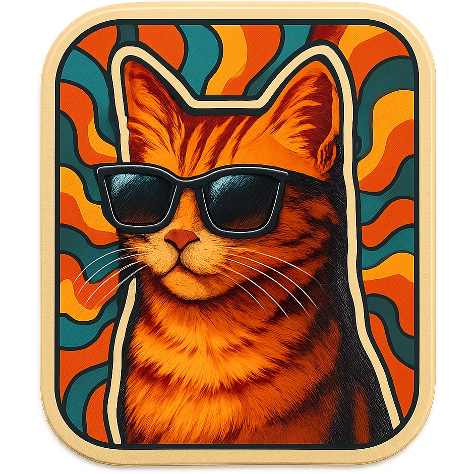 A cat with sunglasses in a retro 70s style, with a funky patterned background. emoji