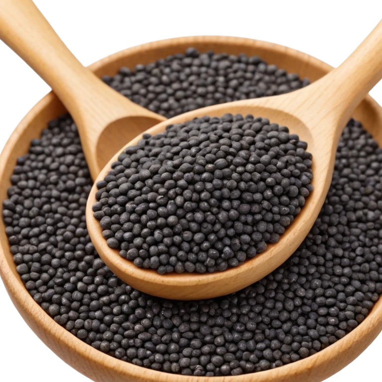 small black chia seeds in a wooden spoon emoji