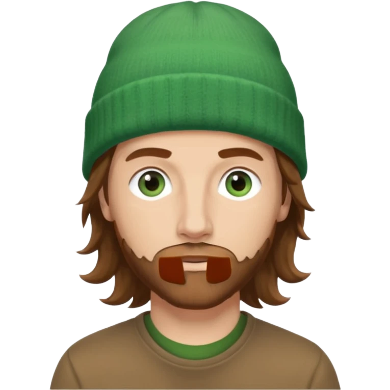 white man
aged 40
Blue eyes, 
mid length brown wavy hair
Green beanie hat emoji