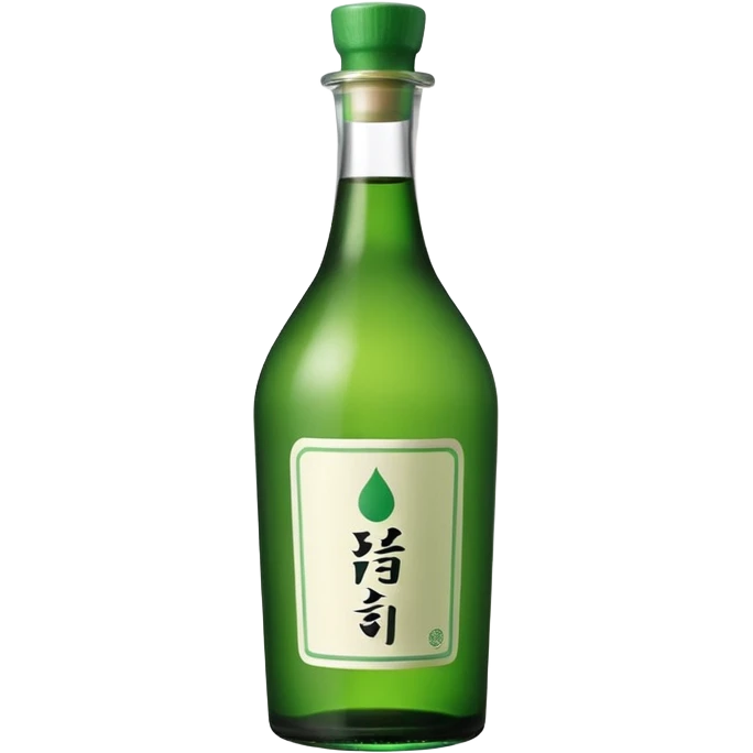 A clean, cute emoji-style green soju bottle, small Korean soju bottle with green glass, simple label in Korean style, minimal flat design, soft shading, centered, white or transparent background, high contrast, rounded friendly emoji look, 1:1 aspect ratio, app icon style emoji