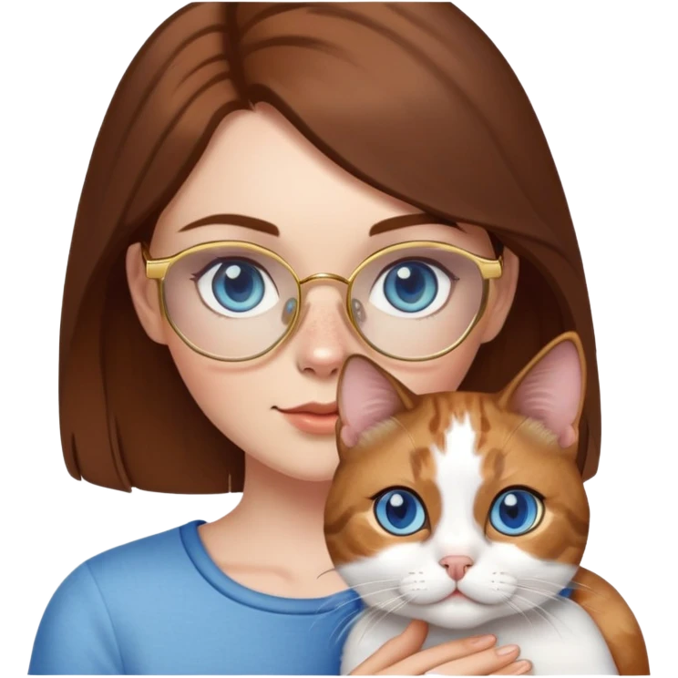 White girl with blue eyes, brown hair, freckles, and gold glasses, holding a small calico cat emoji