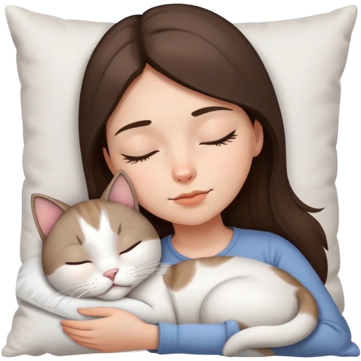 brunette girl sleeping with a white pillow and a light grey-brown and mostly white cat emoji