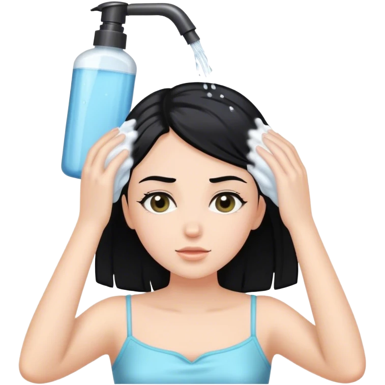 White girl with black hair, washing her head, her hair with shampoo emoji