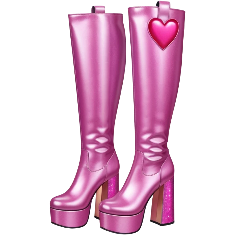 glittery pink platform knee high gogo boots with heart on side emoji