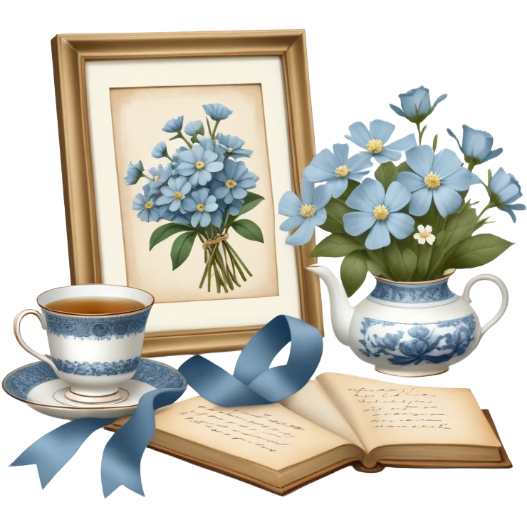 A timeless arrangement of a dusty blue silk ribbon loosely wrapped around a bundle of aged letters, with pressed white flowers and a porcelain tea set in the background.
 emoji