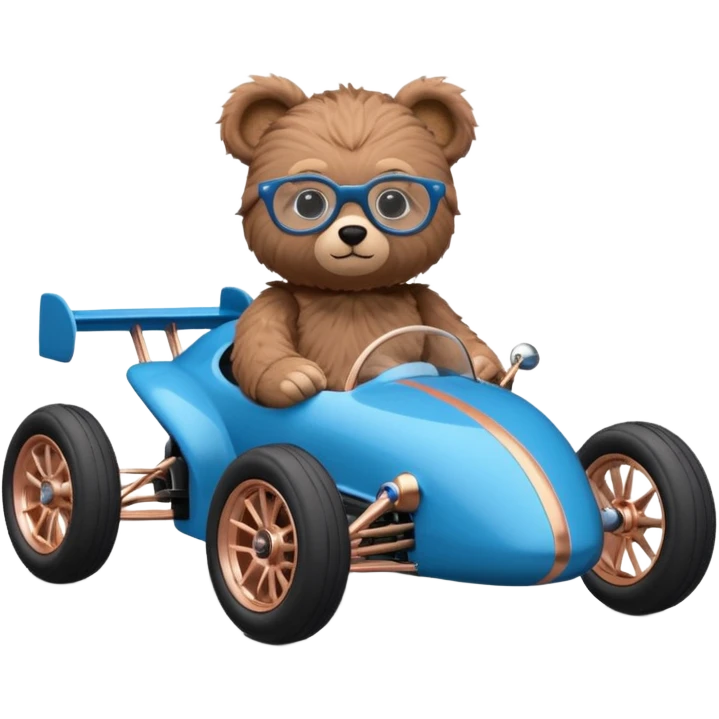 dark crystal blue and rosegold-accented rc racing car driven by a small cute teddy business bear with rear spoiler, roll bar, and wheely bar emoji