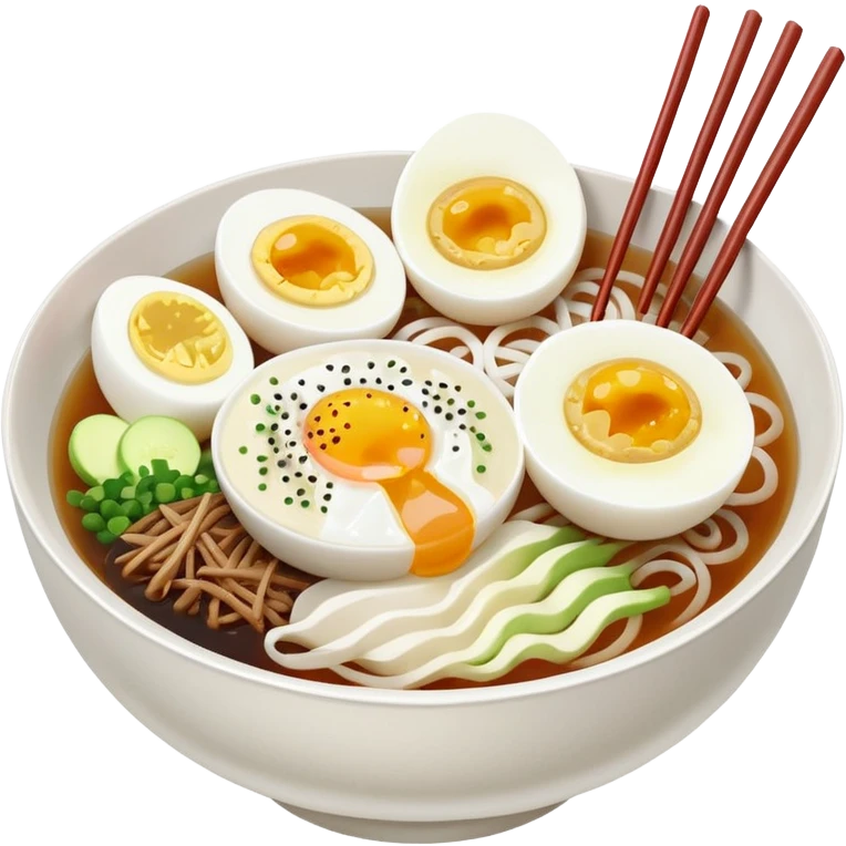 a bowl of naengmyeon with clear broth, topped with half a boiled egg, no other toppings, chopsticks included emoji