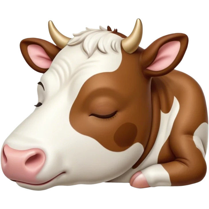Meme-Worthy Cute Sleeping Brown and White Cow Portrait Emoji, Head resting peacefully with a contented smile, showcasing a robust build and a luxuriously soft patterned hide of brown and white, eyes shut in a serene, restful nap, Simplified yet hilariously adorable features, highly detailed, glowing with a soft, drowsy light, high shine, relaxed and utterly lovable, stylized with an air of playful laziness, bright and heartwarming, soft glowing outline, capturing the essence of a comically sleepy cow, so meme-worthy it feels like it could instantly become the next viral sensation of adorable slumber! emoji