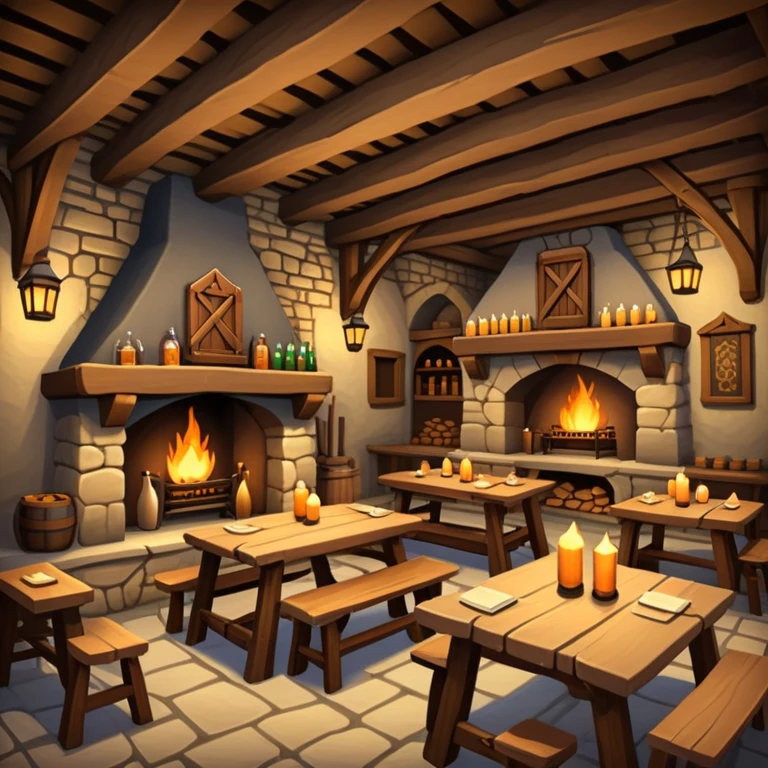 cozy medieval fantasy tavern with wooden beams, fireplace, and tables where adventurers gather emoji