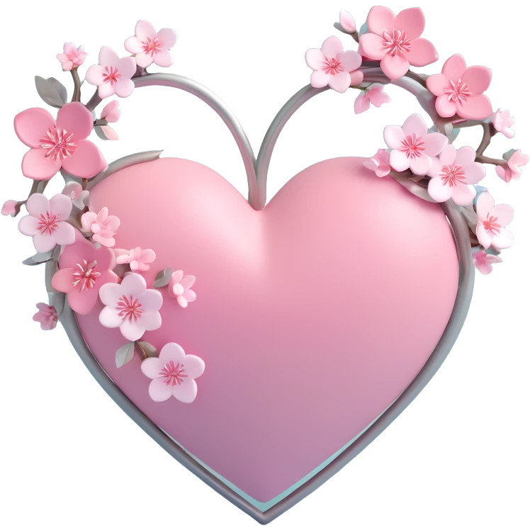 Make the silver accents and details absolutely dominant and overwhelming on the heart with sakura, 3D emoji style. No background. emoji