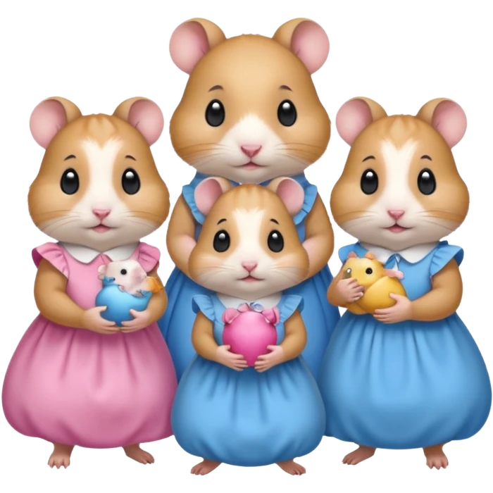 Family hamsters 5 mom dad baby boy wearing blue 2 girls wearing pink dresses and 3 have dummy’s in the mouth emoji