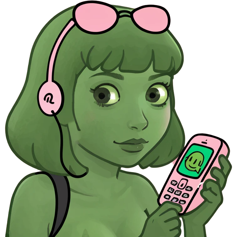 girl scrolling on pink SPAM phone emoji