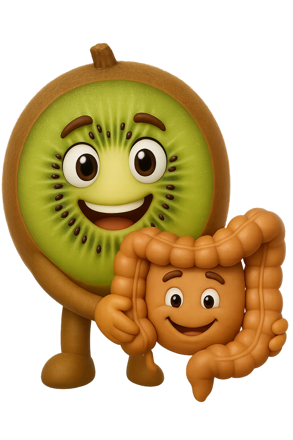 emoji stile iphone di kiwi che tengono in mano un pezzo di colon con espressione felice in volto, iperrealistico 4k emoji