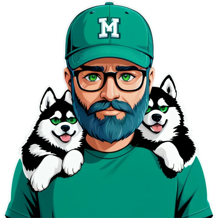 A bold man with a grey baseball cap, green eyes, big beard and glasses holding a husky dog emoji