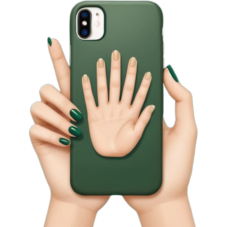 female hand with nude manicure showing 5 fingers holding an iPhone in a dark green case, clean background, emoji style emoji