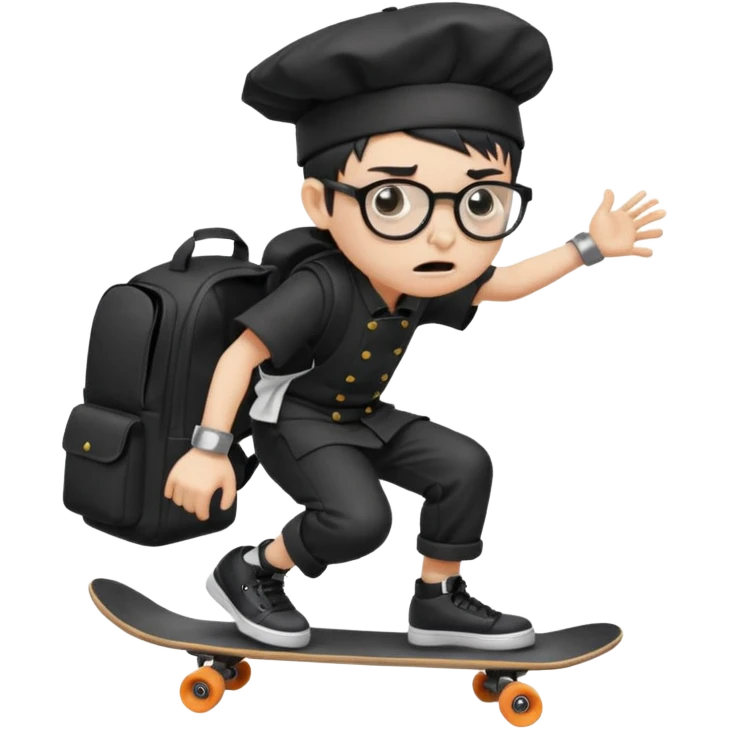 ["An angry boy  wearing a chef hat and square glasses, dressed in goth fashion, is skateboarding while holding a backpack."] emoji