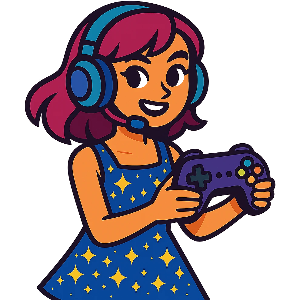 gamer girl in a sparkling dress holding a game controller emoji