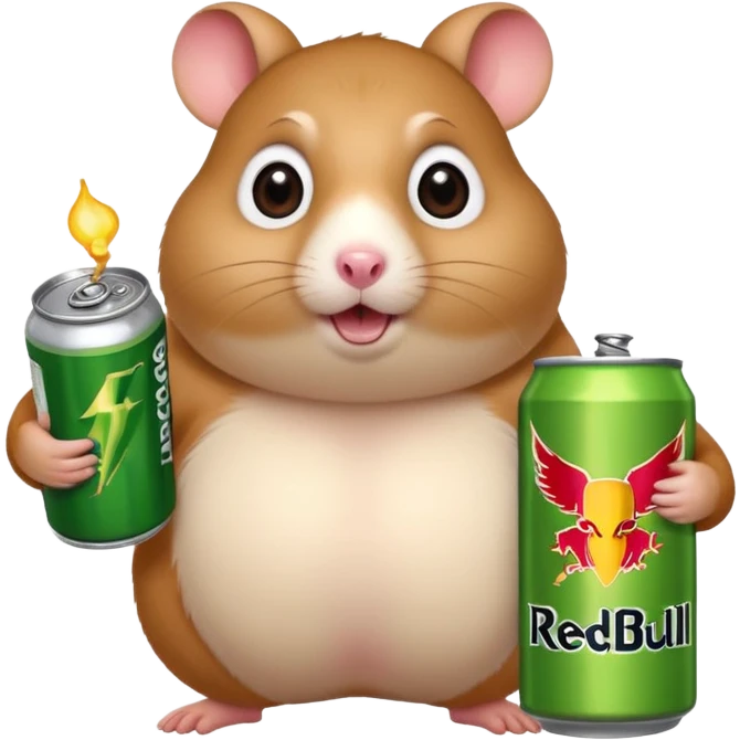 Funny cartoon-style fat hamster with big wide eyes  holding a can of monster energy in one hand and redbull in the other hand emoji
