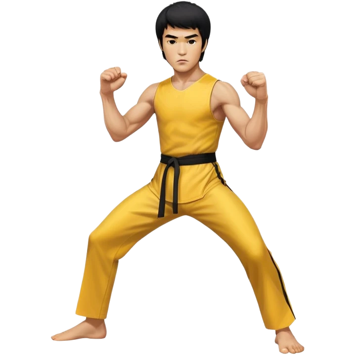Bruce Lee in yellow jumpsuit, martial arts fighting stance, intense expression emoji