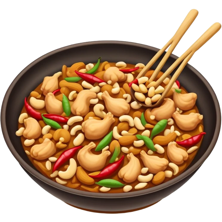 Kung Pao Chicken with peanuts and dried chilies in wok, simplified emoji style with bold outlines and bright colors, cartoon style Gongbao Jiding classic stir-fry emoji