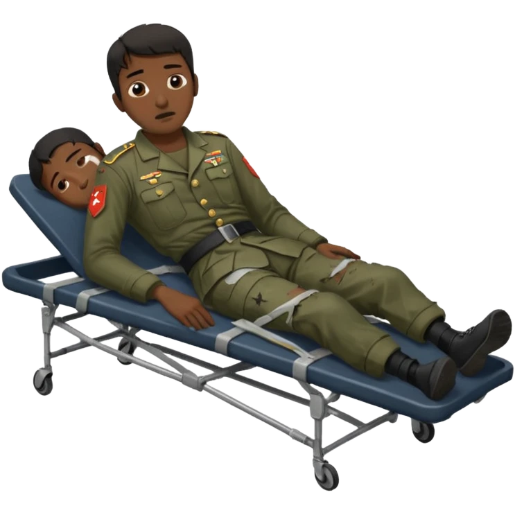 
a man of oriental appearance, dressed in torn clothes, full length, unconscious, in a prone position, with injuries on a black military stretcher, 1980 emoji