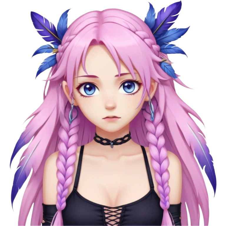 Gorgeous beautiful pretty grumpy anime lady long-pale-pastel-pink-hair with one braid on each side, hanging purple feather-ear-cuffs with pink tips in hair, black bodysuit, blue eyes, pink iris, ethereal, fashion aesthetic  emoji