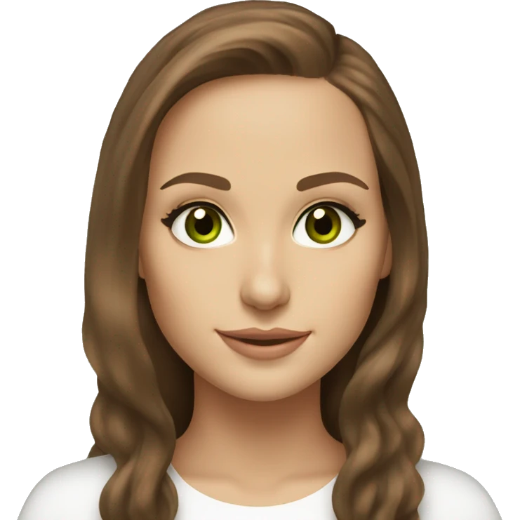 beautiful girl with long hair, brown hair, brown green eyes, looks like natalie portman, smiling at the camera emoji